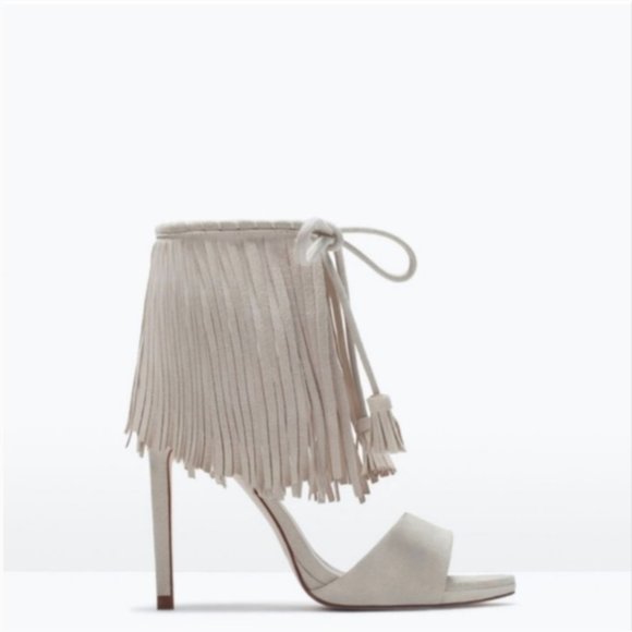 Zara BLACK High Heel Fringe Ankle Strap Sandals - Picture 4 of 8